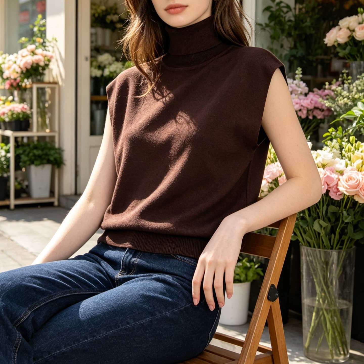 European and American cross-border women's clothing retro high collar small flying sleeves knitted vest women's waist versatile spring and autumn sweater manufacturer wholesale