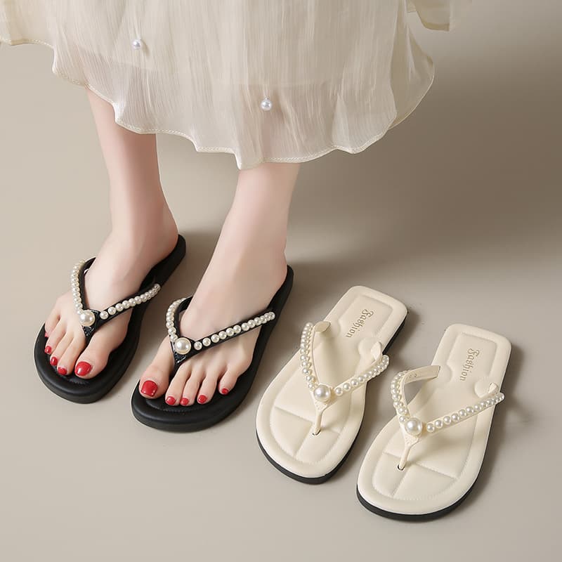 Pearl Flip Flops for Women Fashion Slide Sandals Summer New Soft Thong Beach Shoes