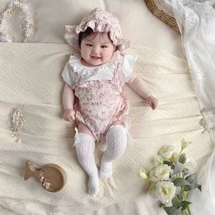 Girl Baby Summer Thin Diaper Shirt Outing Clothes Floral Romper Infant Short Sleeve Diaper Shirt Stylish Four-Piece Set