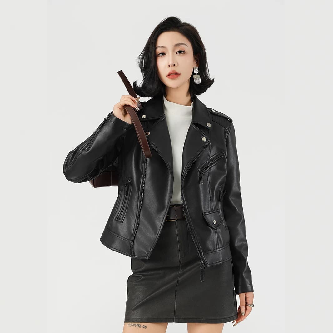 Women's Leather Jacket Waist-Tightening Motorcycle Style Autumn Women's Leather Jacket Cross-Border Trade Stock Wholesale British Style