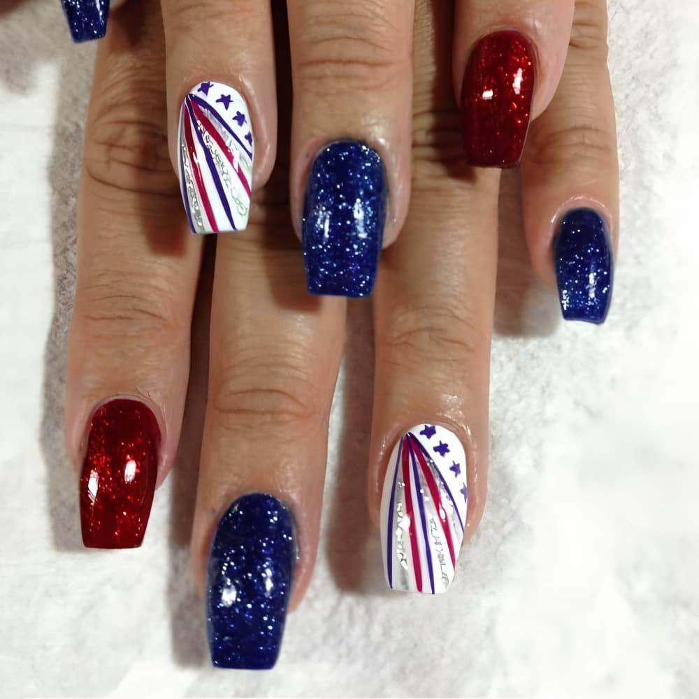 Independence Day European Style Wearable Nails Red Blue Star Line Personality Glossy Nail Art 24 Pieces Removable Fake Nails