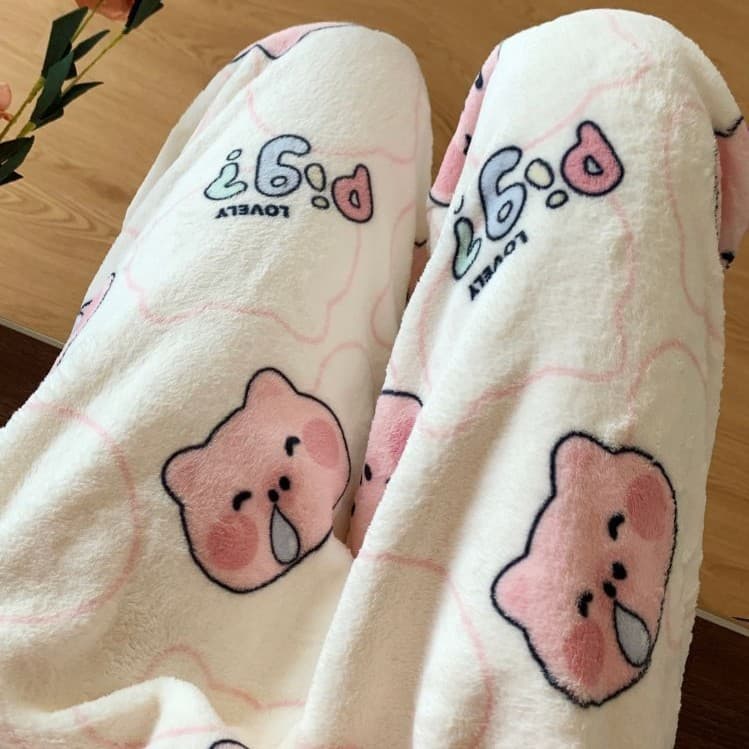 Flannel Pajamas Cartoon Coral Fleece Pajama Pants for Women, Autumn and Winter Pants, Comfortable Skin-Friendly Student Home Pants