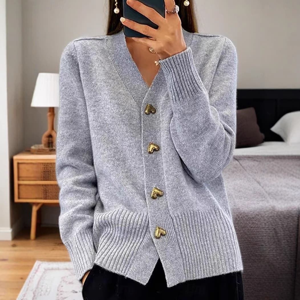 New autumn and winter women's V-neck casual temperament loose solid color knitted inner sweater cardigan love button trend