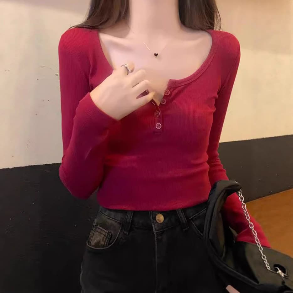 2025 Sexy Half-Open Collar Long-Sleeve T-Shirt for Women, Spring/Autumn Ribbed Slim-Fit Button Long-Sleeve Top
