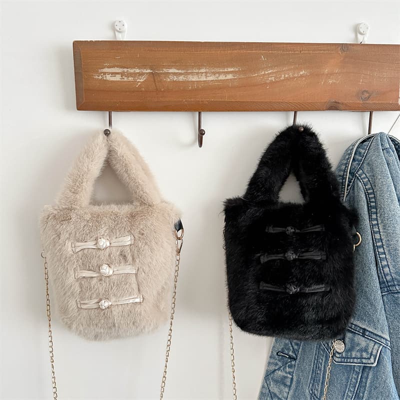 Cross-border New Chinese Style Fluffy Small Bag Women's Bag New Fashion Handheld Bucket Bag Autumn Winter Plush Chain Crossbody Bag