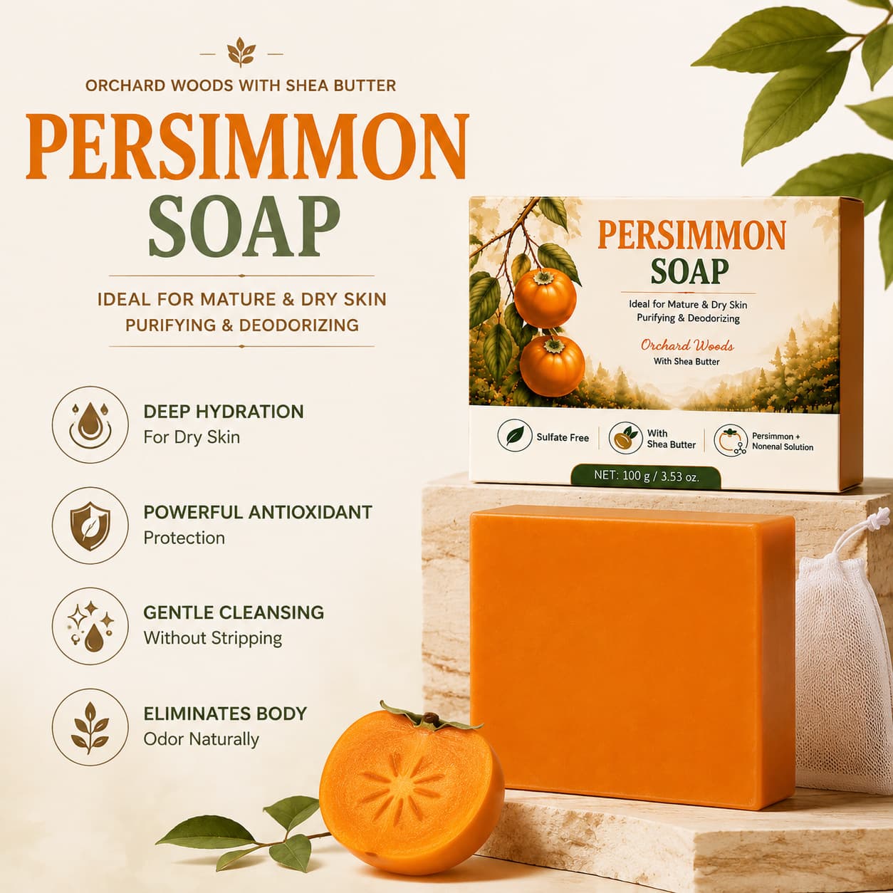 Cross-border Persimmon Deodorizing Soap, Handmade Essential Oil Soap, Persimmon-scented Deodorizing Soap