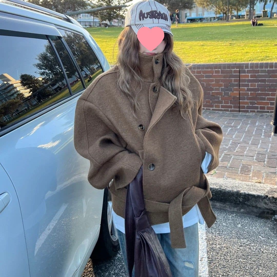 American Retro Brown Wool Coat, Mallard Outfit High Neck Short Wool Coat, Spring/Winter New