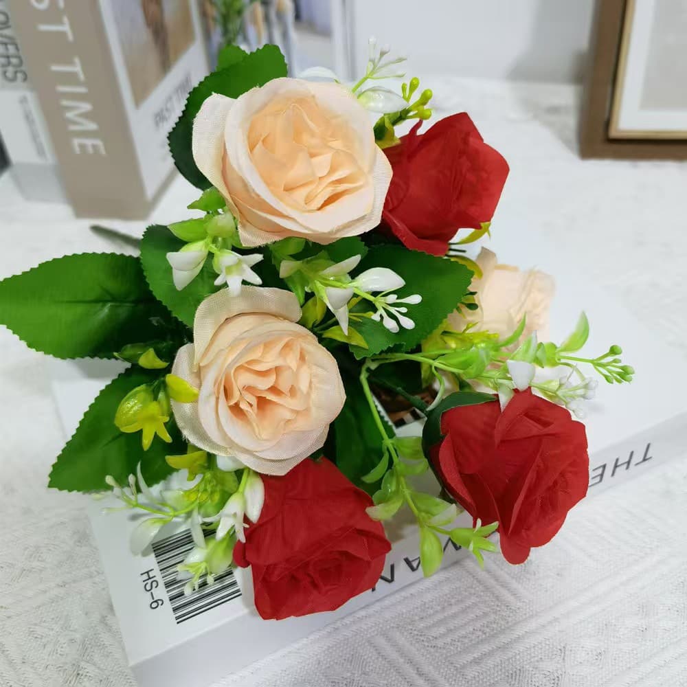 Zhaoping artificial flowers, cross-border best-selling wholesale rose bouquets, living room home decorations, silk flowers, 6 heads of pomegranate roses, fake flowers