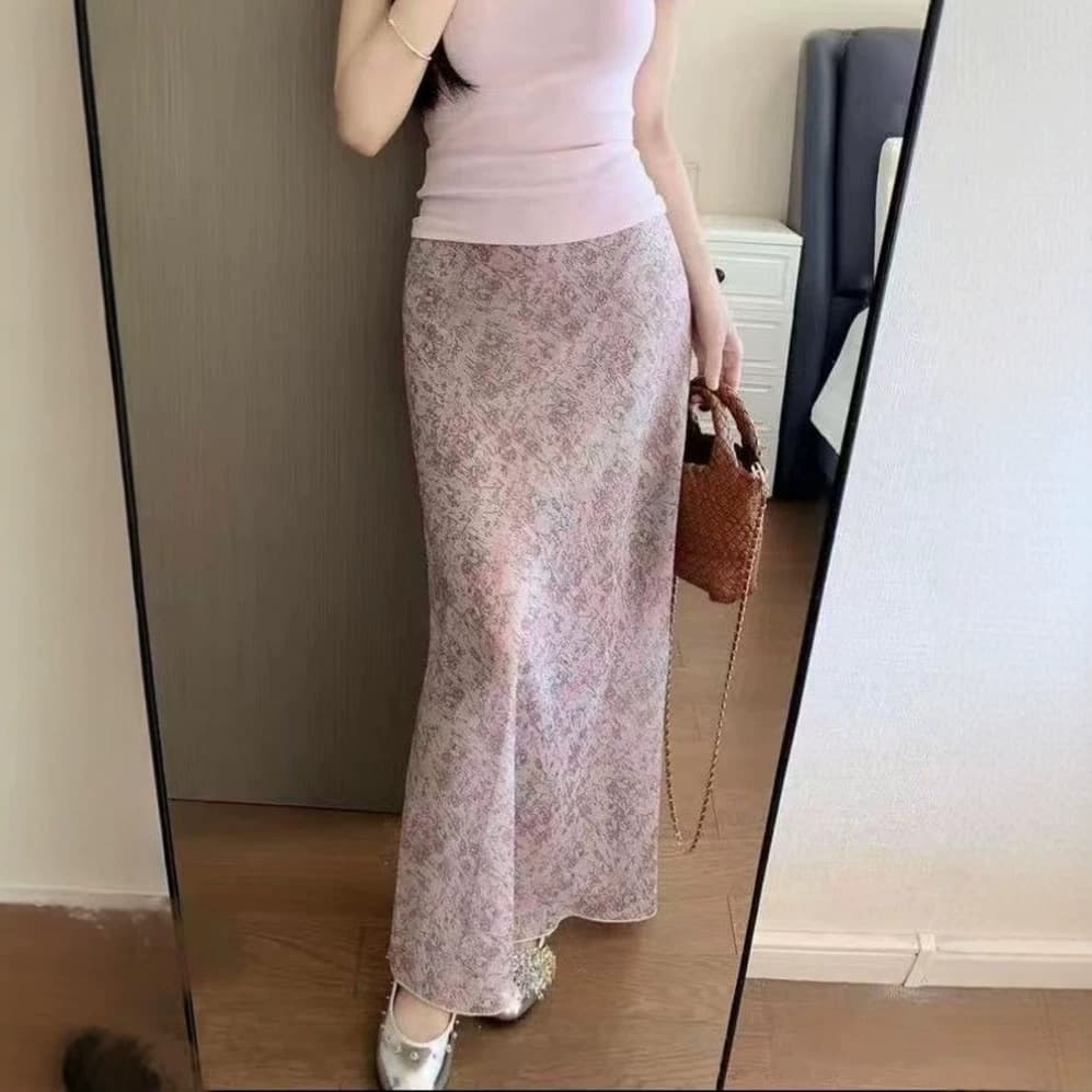 Pink high-waisted French slim floral skirt summer 2026 advanced new style long skirt