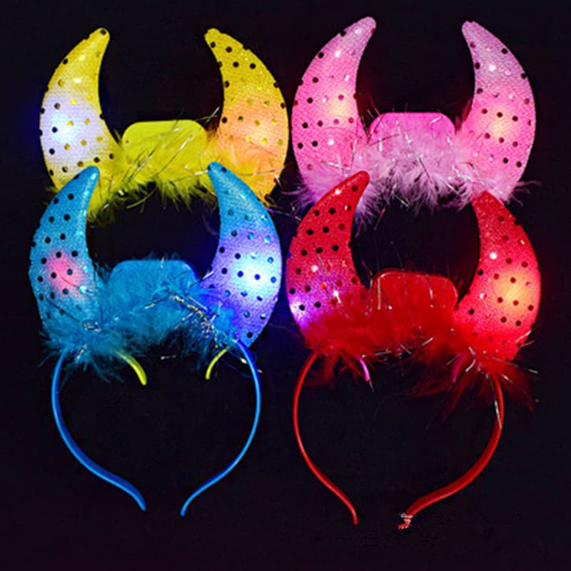 Glowing Feather Sequin Horn Headband Flash Headband Devil Hair Clip Concert Atmosphere Prop Gift Toy