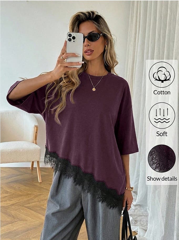 2026 Summer Cross-border Women's New Arrival Stylish Design Asymmetrical Hem Lace Patch Short Sleeve Plus Size T-Shirt Top
