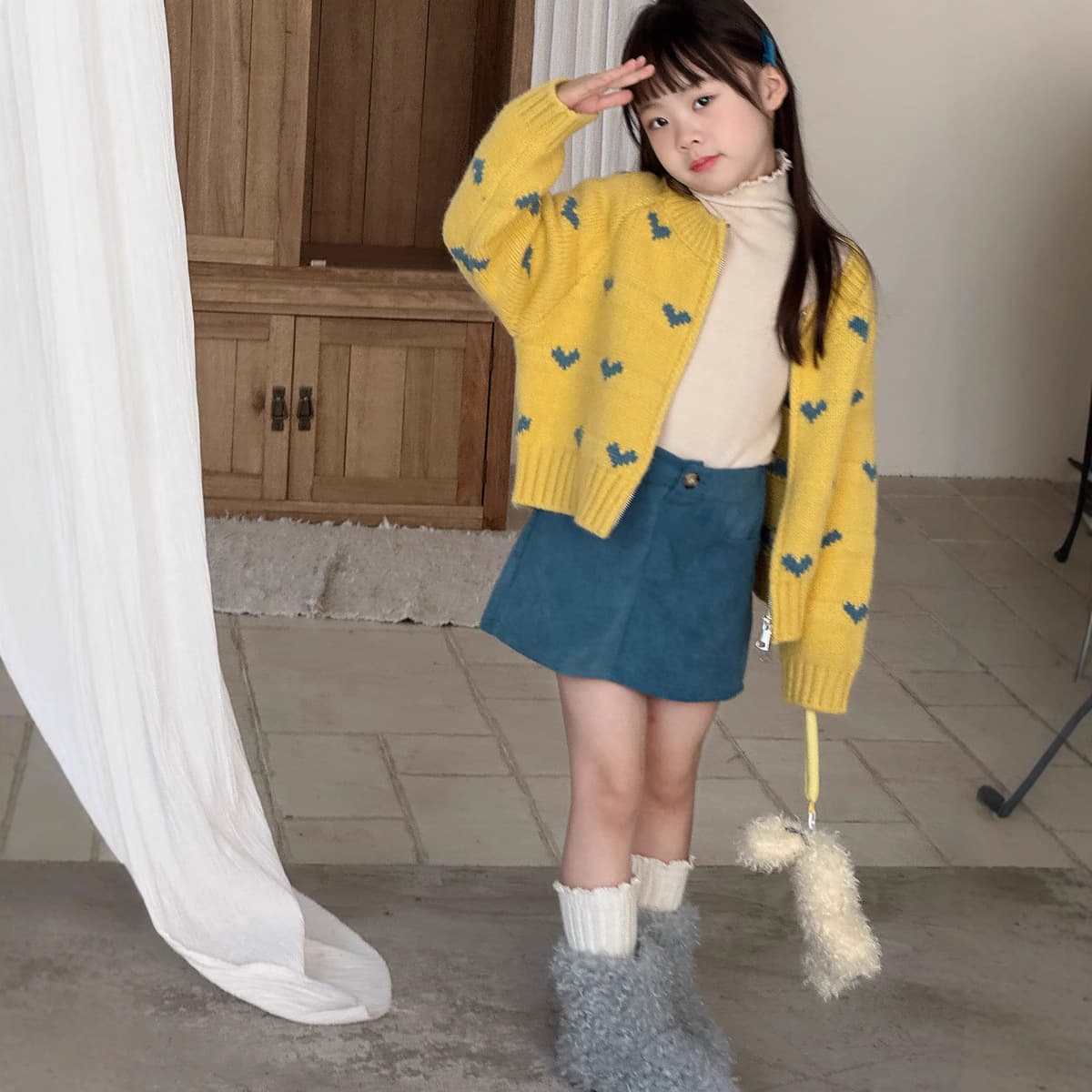 Princess Yuyu Girls' Winter Heart-Shaped Korean Style Cardigan, Loose-Fitting Short Zipper Knit Cardigan