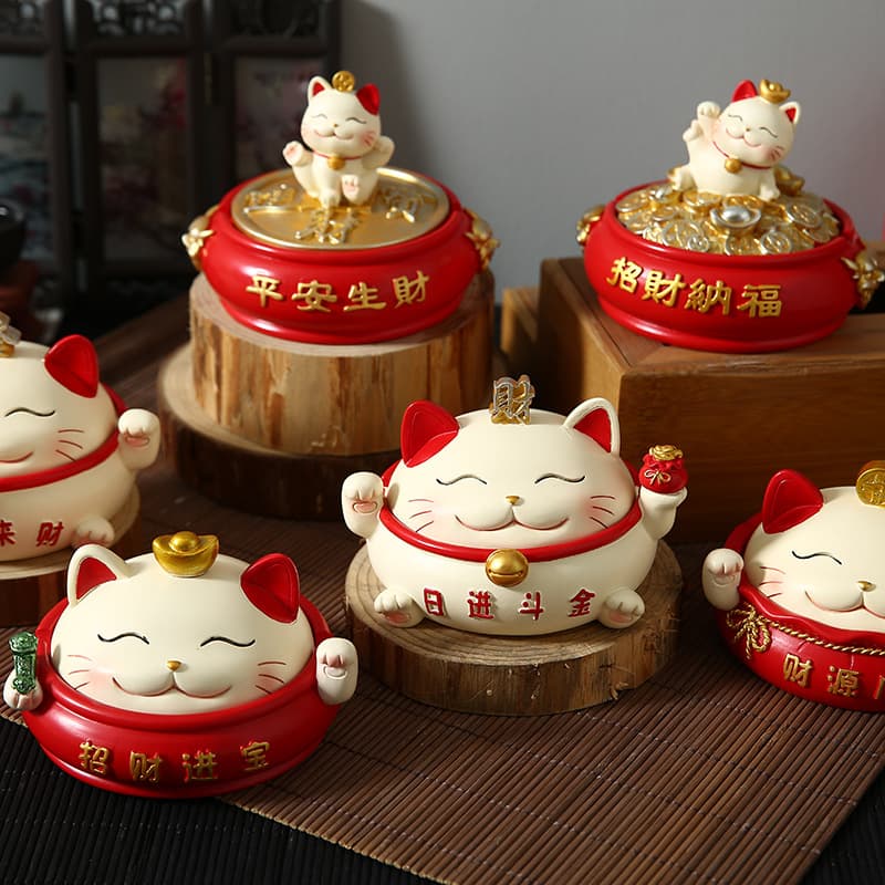 Home Office Decorative Resin Craft Lucky Cat Ashtray Key Storage Box Creative with Lid