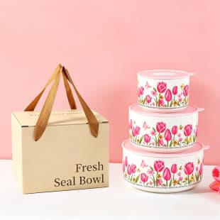 Ceramic Fresh-Keeping Bowl 3-Piece Set with Lids, Fruit and Vegetable Sorting Bowls Gift Box, Store Opening Gift, Housewarming Souvenirs