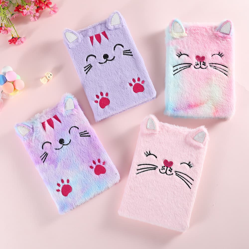 Large Cartoon Cat Plush Diary, Cute Writing Book for Kids, Student Girls' Notebook Handbook