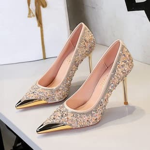 3739-37 European and American Style Thin Heel Rhinestone High Heels Metal Pointed Toe Women's Shoes Slip-On Crystal Flats