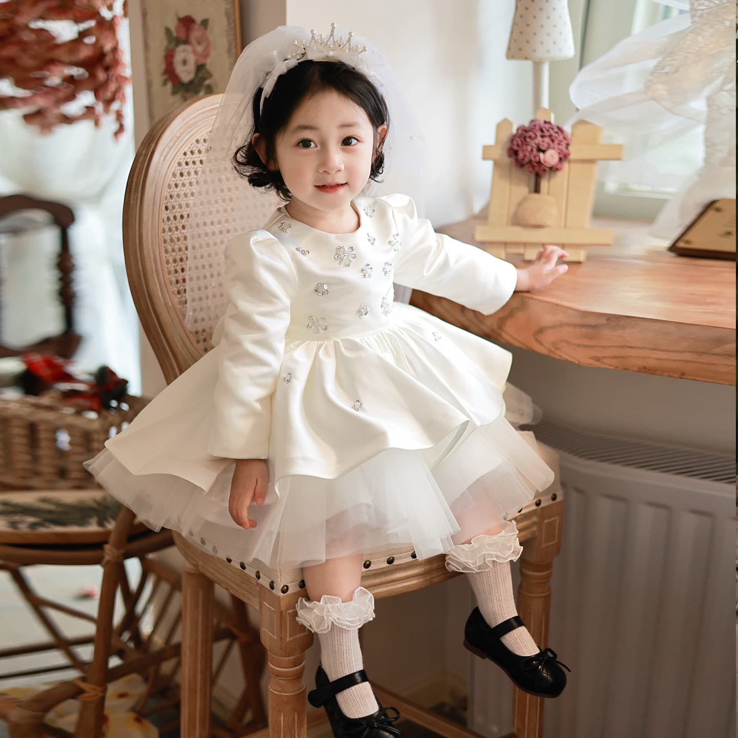 Children's First Birthday Party Dress Satin Little Girl Luxury Elegant Baby Princess Dress Daily Wear