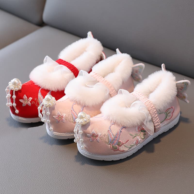 Girls' Hanfu Shoes Winter Fleece-Lined Traditional Children's Embroidered Shoes Ancient Style Baby Matching Horse-Face Skirt Upturned-Toe Cotton Shoes