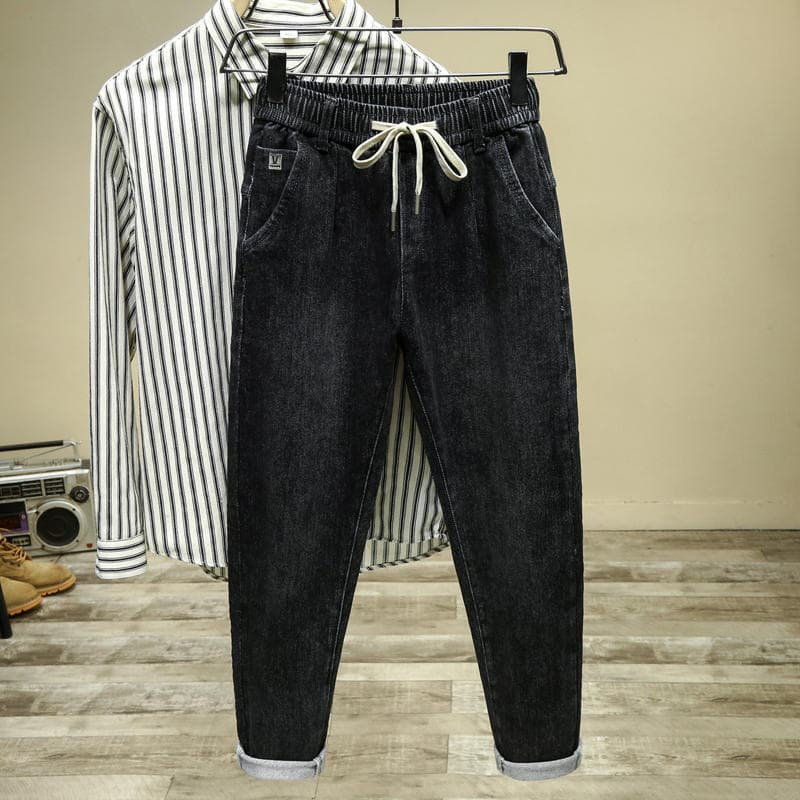 Drawstring Elastic Waist Jeans for Men, Spring/Summer Slim Fit Tapered 2025 New Embroidery Stretch Casual Long Pants