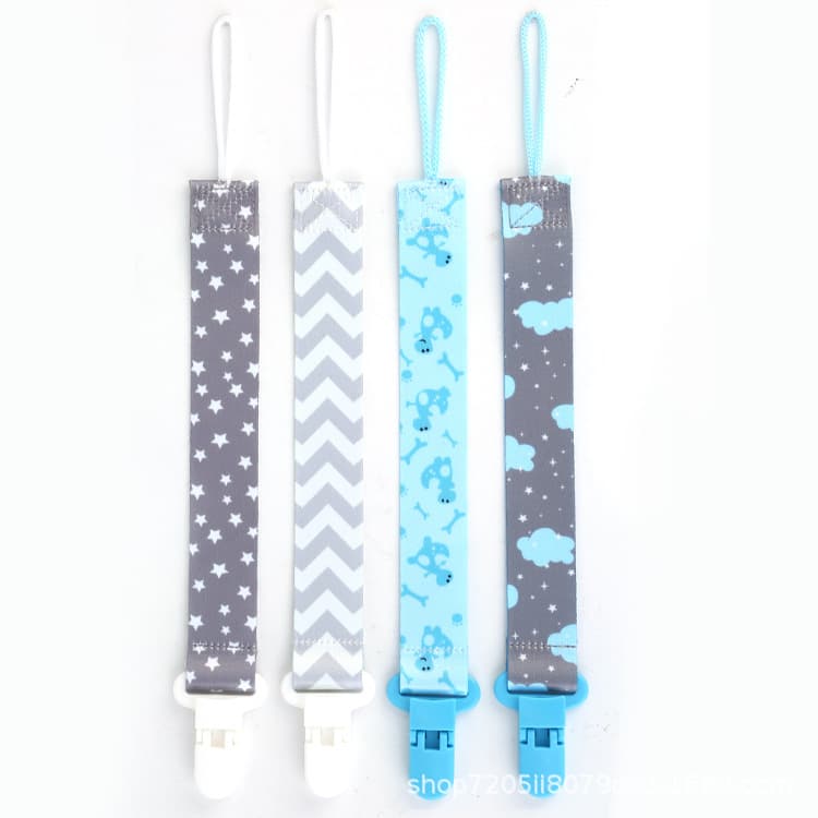 Polyester double-sided printed heat transfer pacifier strap, stroller toy strap, baby pacifier clip with packaging, in stock.
