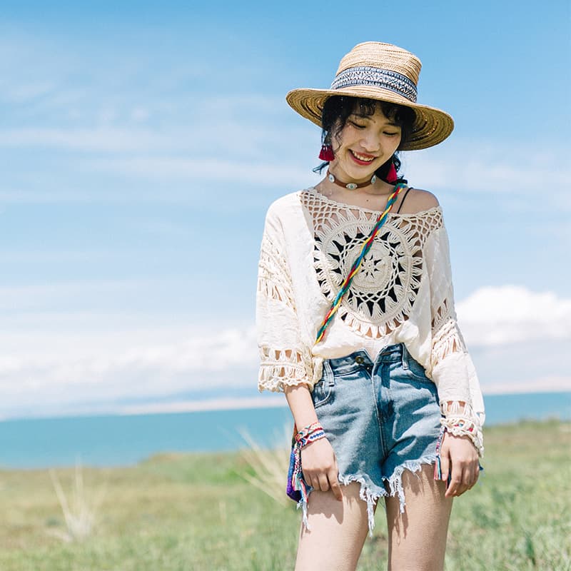 Sexy Pullover Hand-Crocheted Hollow Half-Circle Knit Beach Cover-Up Top Summer 3/4 Sleeve Cotton Linen Spa Shirt 2025