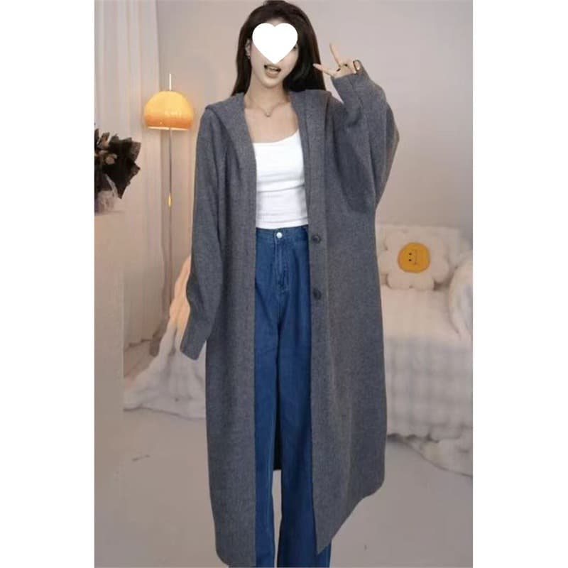 Long Trench Coat Women Lazy Style Sweater Cardigan Autumn and Winter Loose Slimming Niche Knee-Length Knit Hooded Coat Trendy
