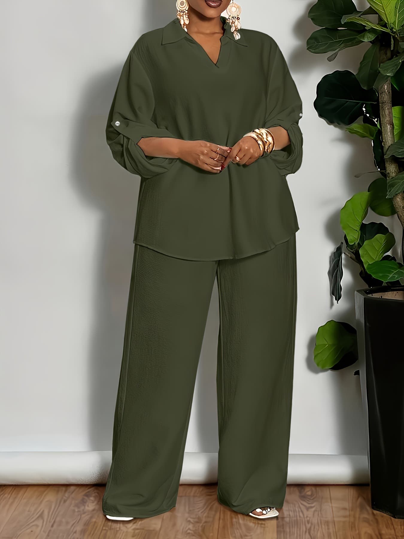 Amazon Cross-border Women's Plus Size Solid Color V-Neck Long Sleeve Pullover with Straight-Leg Pants, Versatile Simple Commuter Two-Piece Set