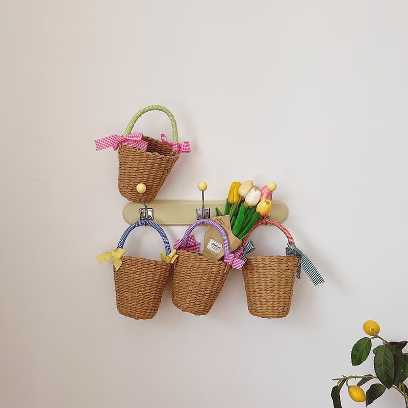 Children's bags, pastoral style straw hand basket, cute bow, travel accessories, girls' small handbags, trendy