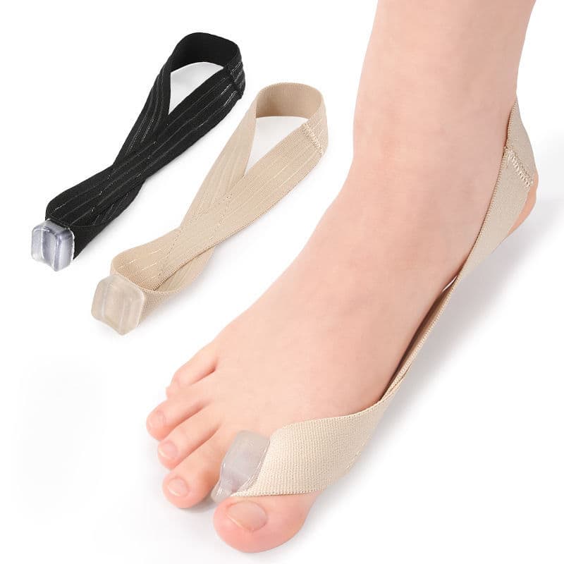 Hallux valgus orthosis, single-sided pull, day and night use, wearable bunion/overlapping toe separator, resistance band strip.