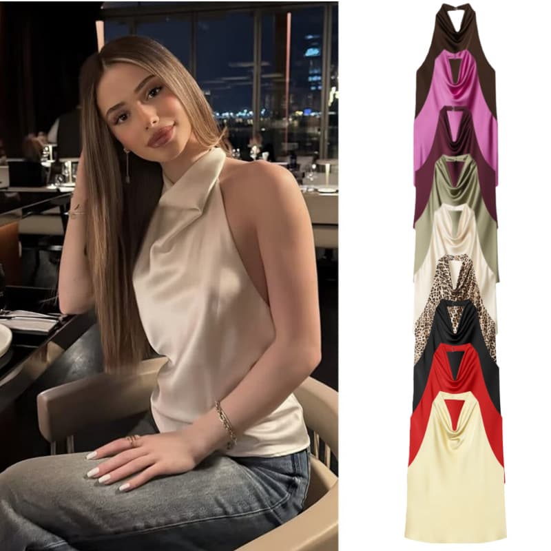 UNIZERA Women's 2026 Summer New Product Sleeveless Fashion Silk Satin Texture Halter Neck Top 2231399