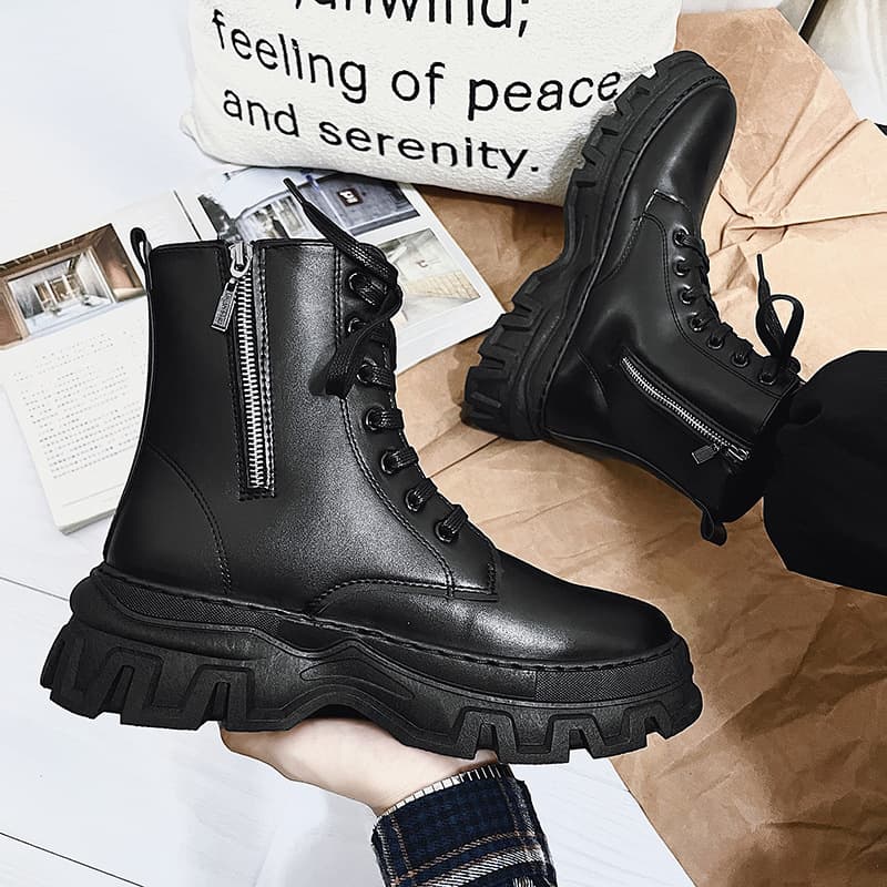 2025 New Men's Martin Boots, British Style Motorcycle Boots, High-Top Leather, Mori Girl Style, Year-Round, Plus Size, Height Increasing