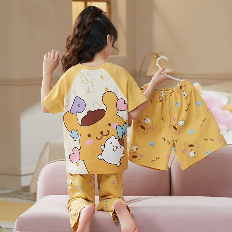 Girls Summer Pajamas 3-Piece Set, Cartoon Print, Thin Short-Sleeve Top with Shorts, Spring and Autumn Loungewear for Kids