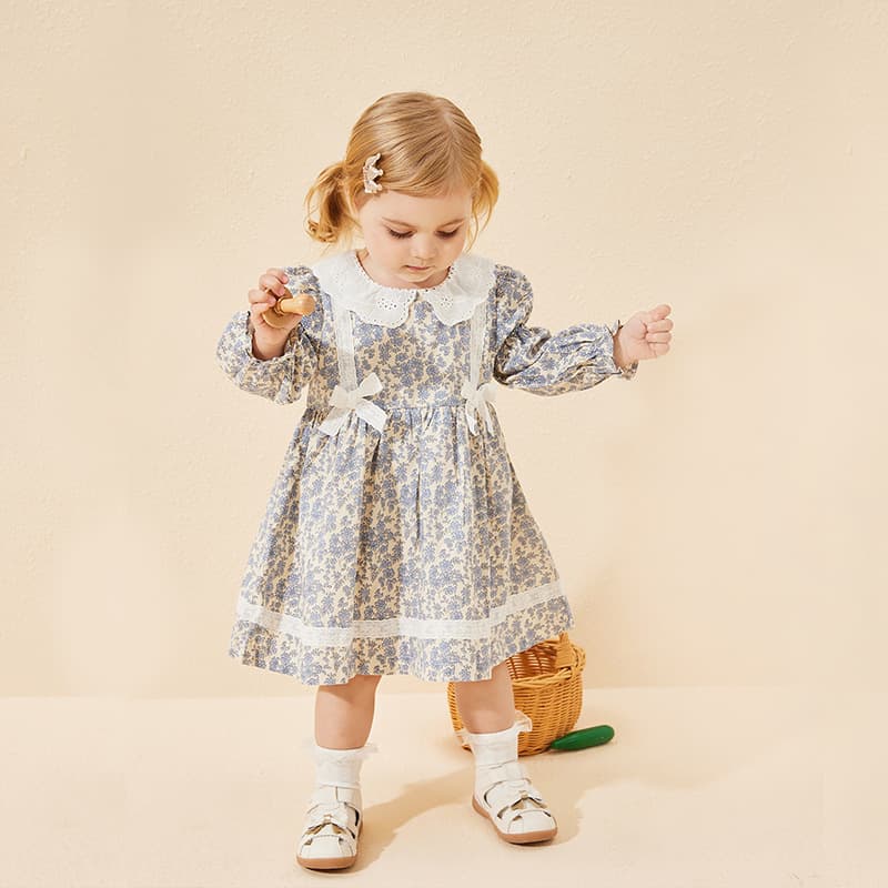 Girls Floral Long Sleeve Princess Dress Lace Butterfly Knot Spring Clothing Children's Dress Cotton Soft Processed A-Line Skirt