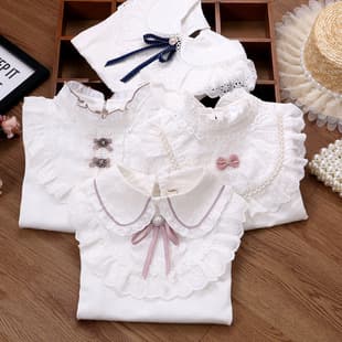 Girls Base Layer Shirt Baby White T-Shirt Children Turn-down Collar Lace Blouse Middle Big Kids Lace Long Sleeve Top Cross-border