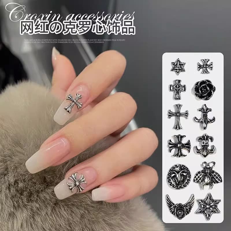 Vintage Chrome Hearts Cross Nail Art Accessories, Viral Hot Metal Sweet Cool Girl Punk Style Nail Decorations