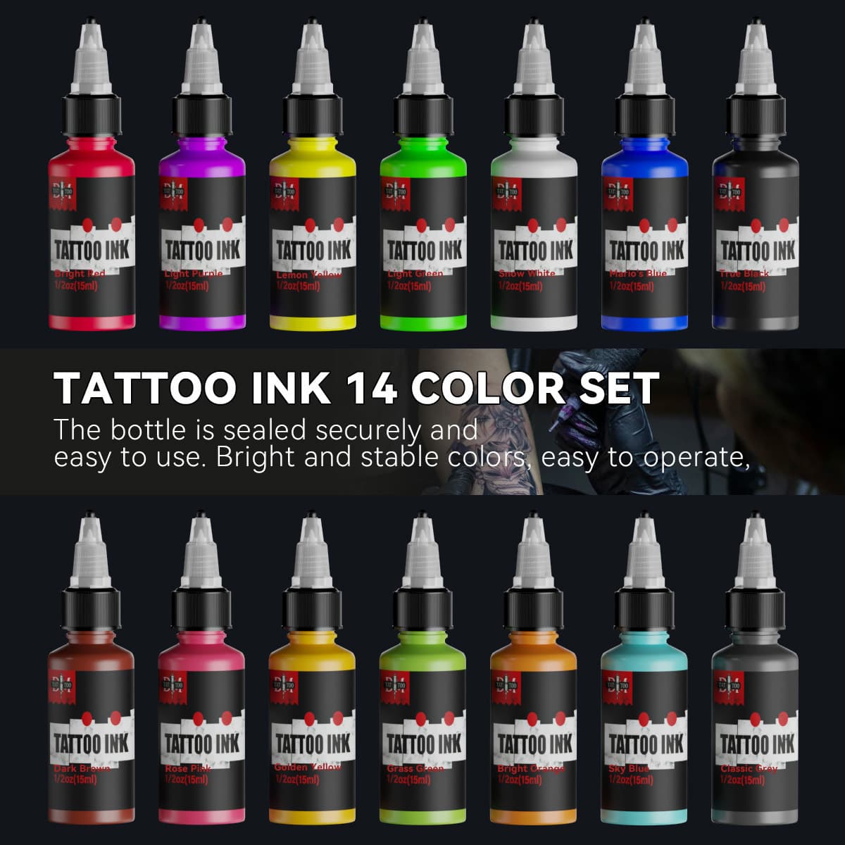 DM New Color Tattoo Pigment Bottle 15ML Professional Tattoo Practice Ink Tattoo Pigment 14 Color Set