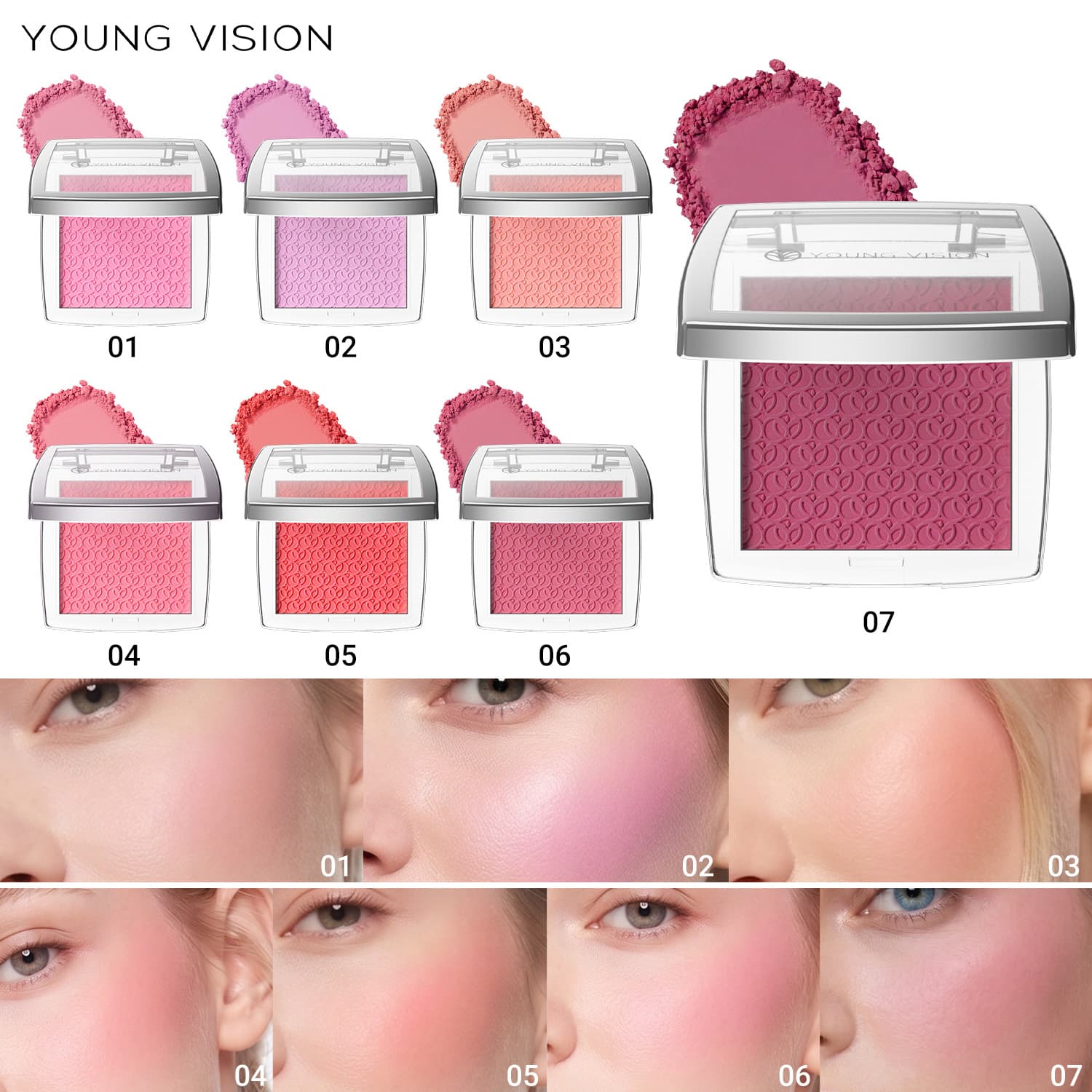 YOUNG VISION 7-color soft mist blush powder with embossed design, fine powder, natural fit and three-dimensional contouring