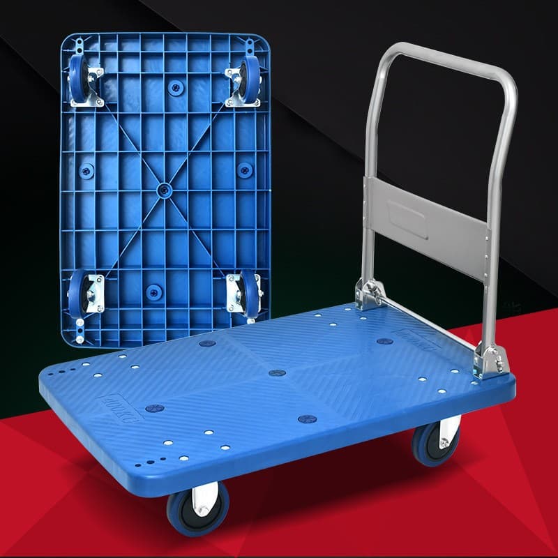 Blue plastic flat hand cart, quiet folding cart, warehouse transport cart, thickened four-wheel cargo cart