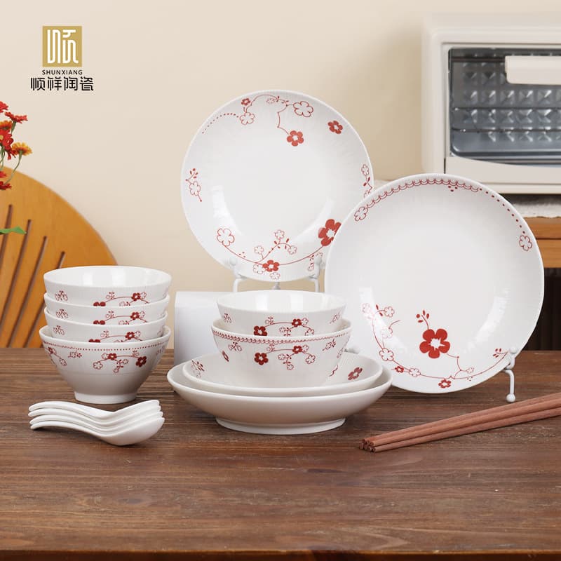 Shunxiang Ceramic Dinnerware Set, Fresh Underglaze Color, Rice Bowls and Plates for 4, Bowl and Plate Set