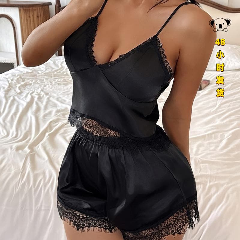O 80222 Lace Pajamas Summer Casual Short Sleeve Shorts Set