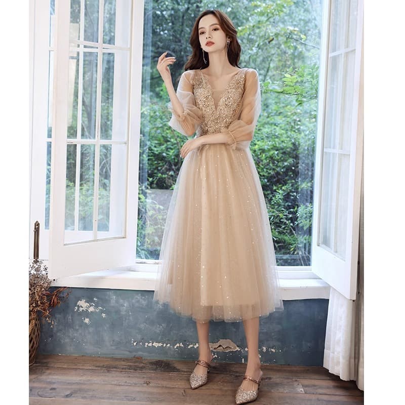 Champagne Banquet Evening Dress 2026 Summer New Mesh Bridesmaid Dress Art Exam Performance Little Dress