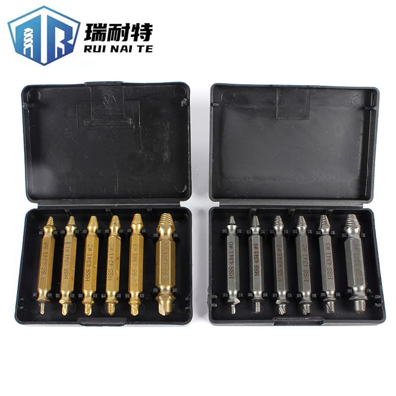 Double-ended broken screw extractor set for removing stripped, damaged, and broken screws