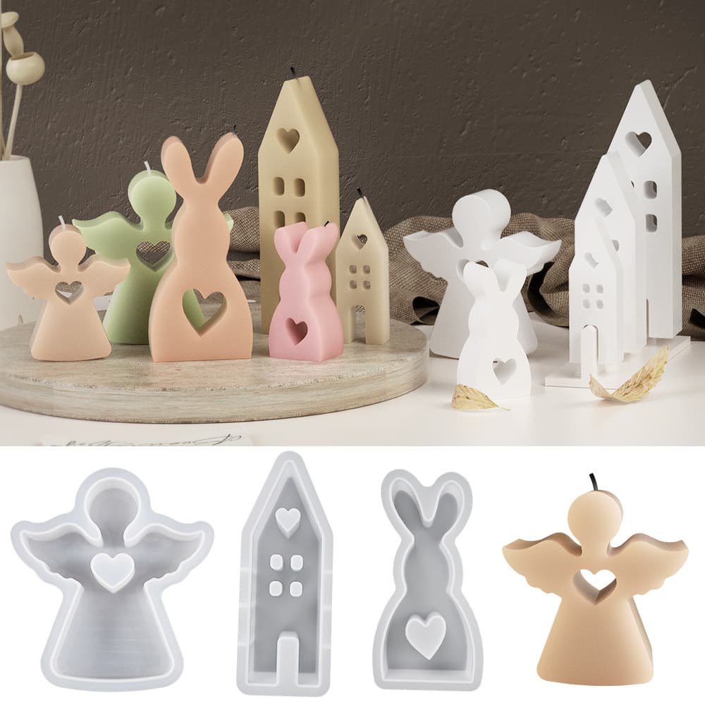 Large and Small Rabbit House Silicone Mold, Heart Angel Plaster Ornament Mold, Easter Epoxy Resin Mold Wholesale