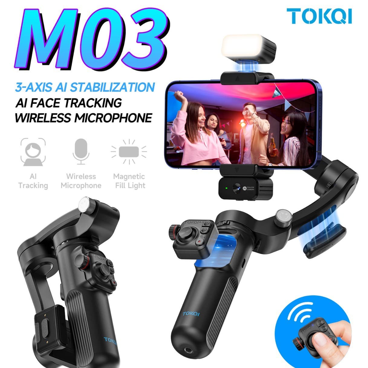 M03 Handheld Smart AI Face Tracking, Wireless Microphone, 3-Axis AI Stabilizer with Noise Reduction and Foldable Design