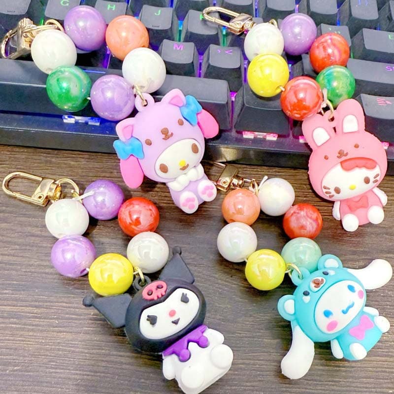 Cartoon Sanrio Beaded Chain Keychain Figure Pendant 3D Trendy Toy Key Doll Kuromi Melody Wholesale