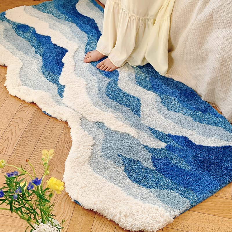 Customized flocked bedside blanket coffee table non-slip blue special-shaped living room bedroom floor mat sea wave carpet bedside blanket