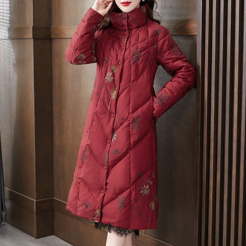 White Duck Down Long Down Coat for Women, 2023 Winter New Chinese Style National Fashion Black Knee-Length Lightweight Outerwear for Middle-Aged Mothers