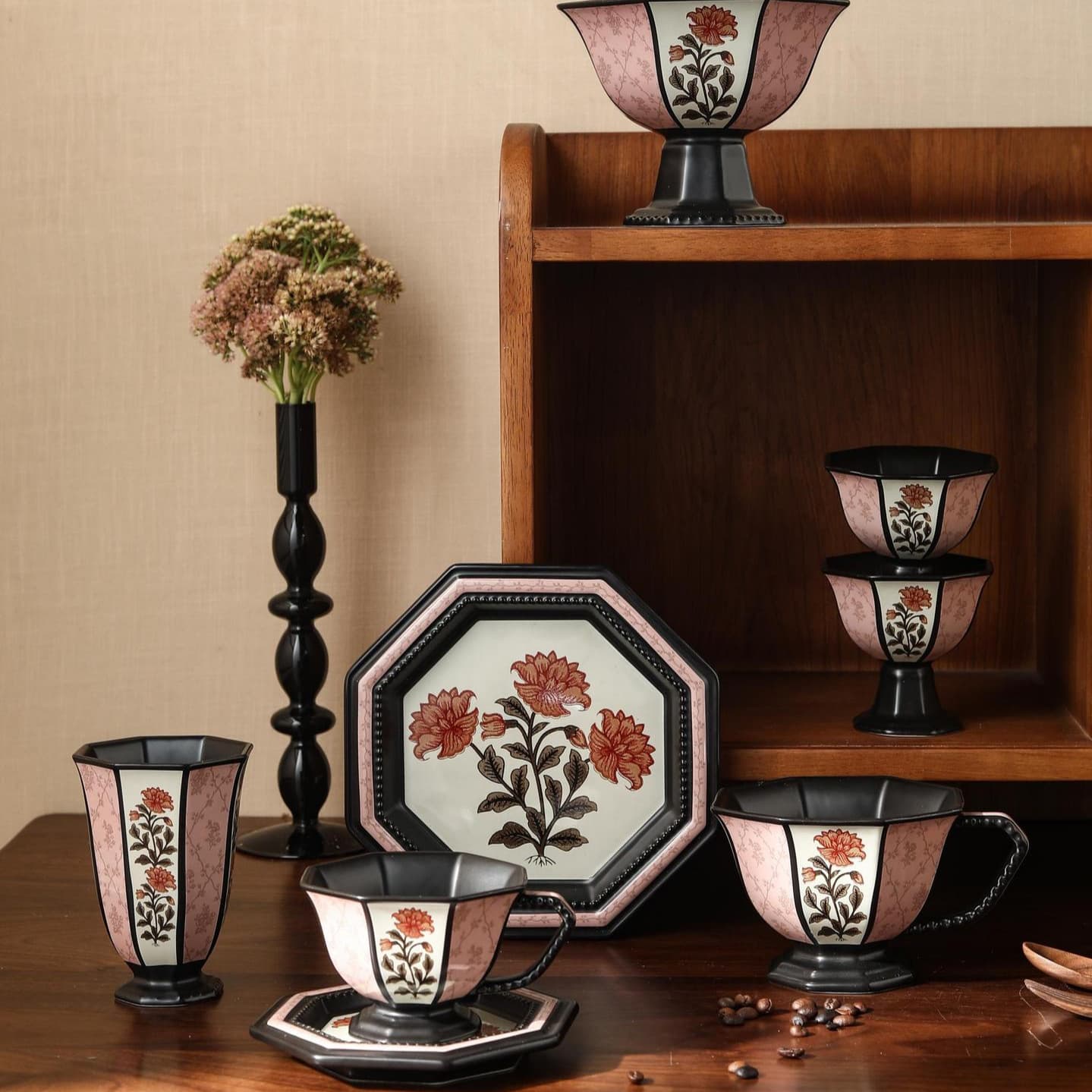 Peony Blossom French Retro Octagonal Ceramic Coffee Mug - High-End Housewarming, Engagement, and Wedding Gift/Side Gift