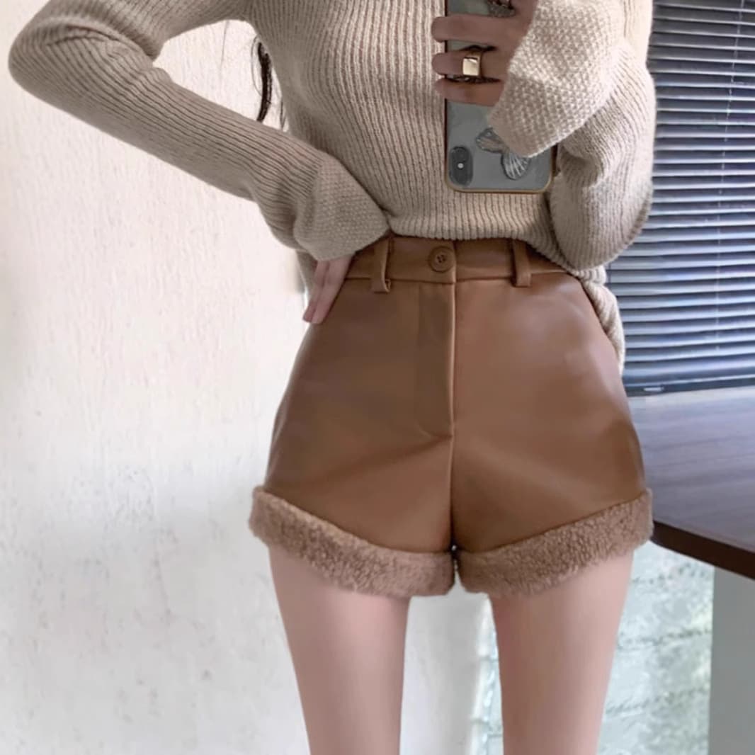High Waist PU Leather Patchwork Autumn Winter Short Pants Women's Slimming Casual Style Comfortable Polyester Fabric Hot Pants