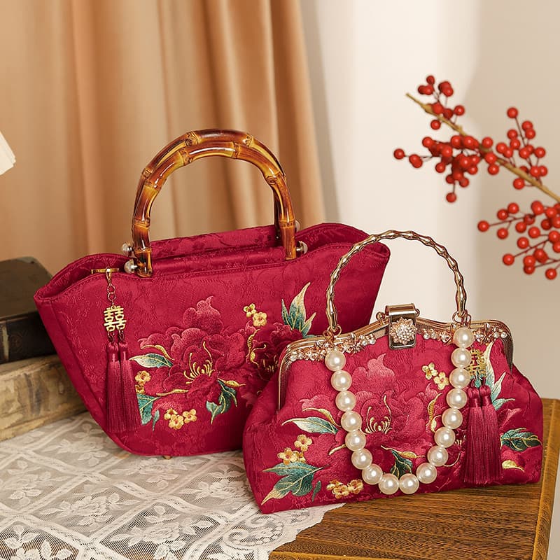 Star and Moon Wedding Large Handbag - Chinese Traditional Style Wedding Bag - Red Embroidered Handbag